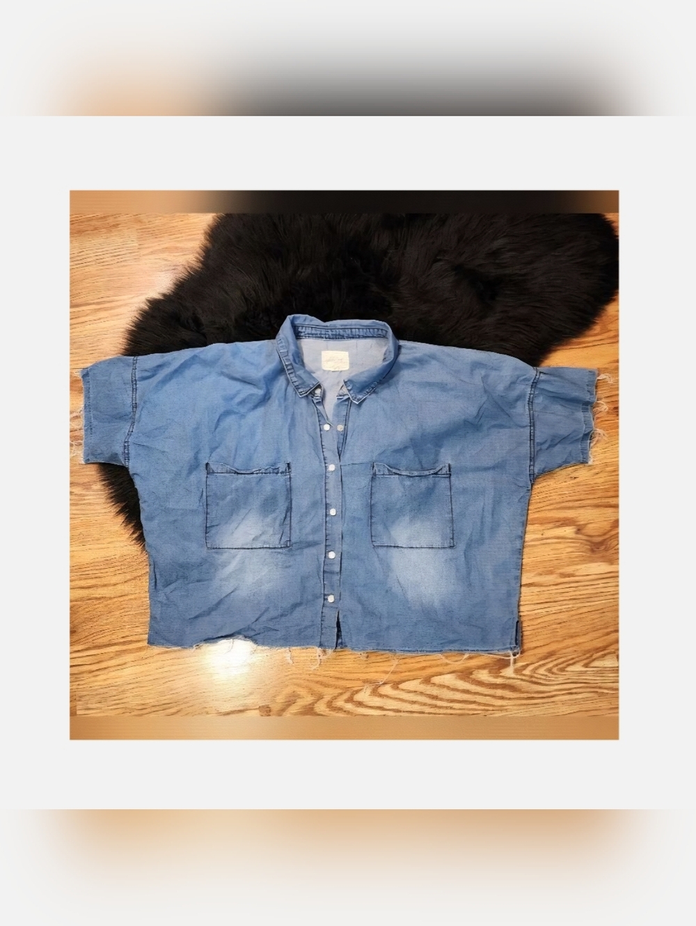 Boho Chambray Frayed Snap-Up Short Sleeve Oversized Denim Like Top